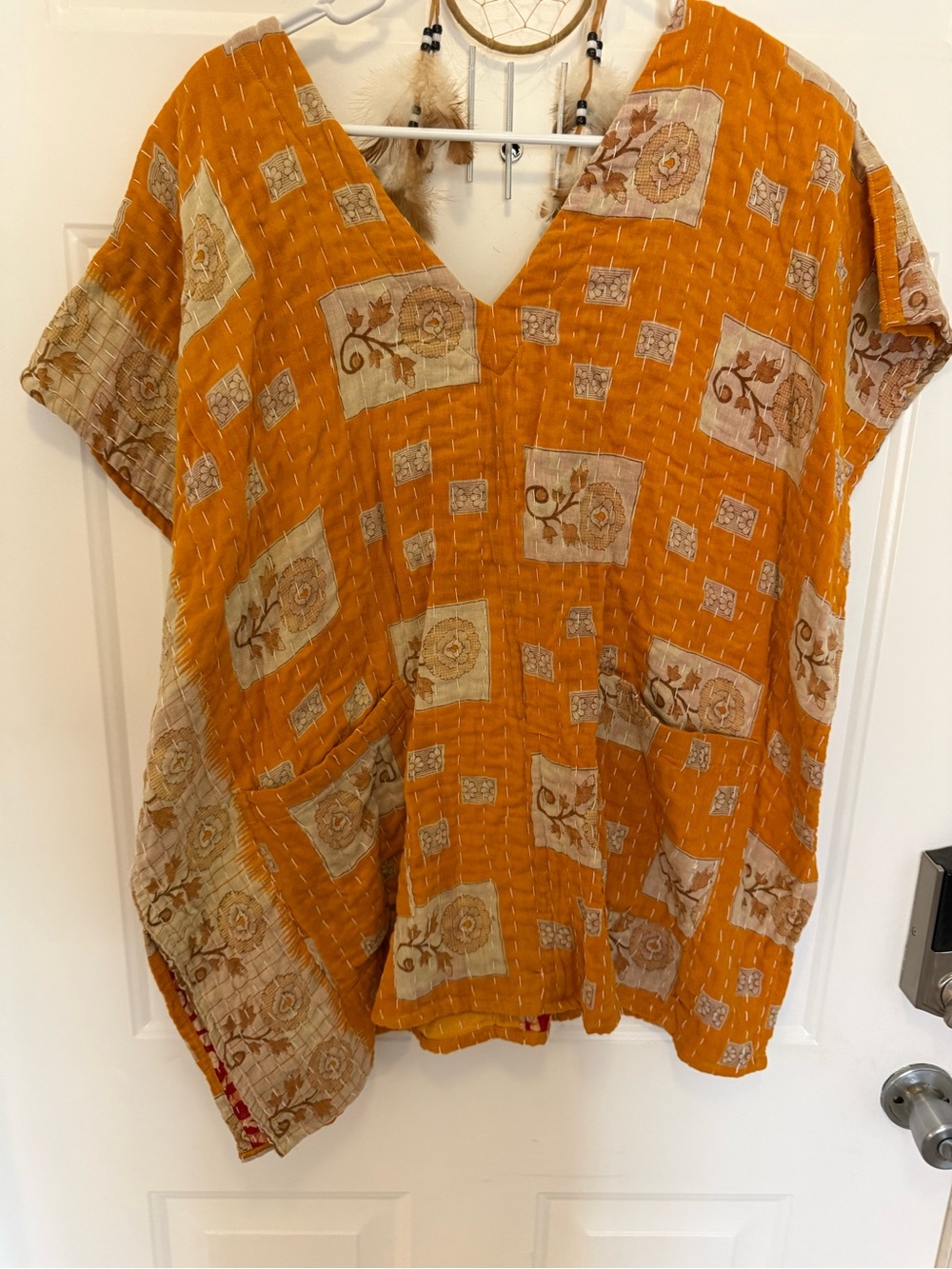 Bohemian Kantha V-Neck Tunic Top in Mustard